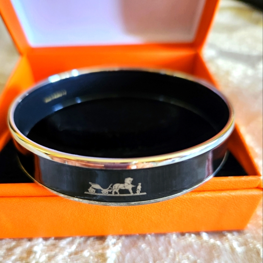 New, Hermes Silver & Black Enamel Bangle Bracelet